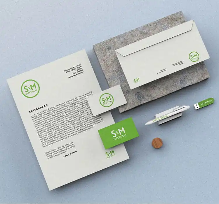 Modern professional branding stationery for Sydney Web Experts showcasing sleek design and vibrant green logo.